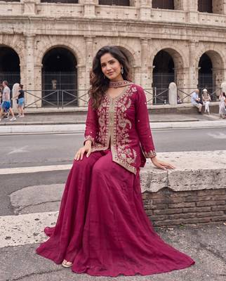 Rani Pink Heavy Crunchy silk sharara salwar suit Readymade collection With Embroidery Sequence Work  2