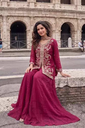 Rani Pink Heavy Crunchy silk sharara salwar suit Readymade collection With Embroidery Sequence Work 