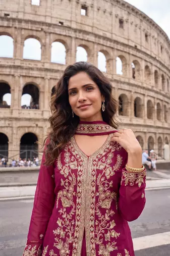 Rani Pink Heavy Crunchy silk sharara salwar suit Readymade collection With Embroidery Sequence Work 