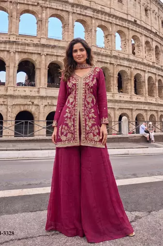 Rani Pink Heavy Crunchy silk sharara salwar suit Readymade collection With Embroidery Sequence Work 