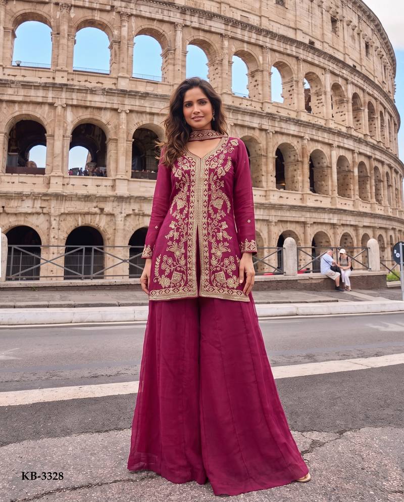Rani Pink Heavy Crunchy silk sharara salwar suit Readymade collection With Embroidery Sequence Work 