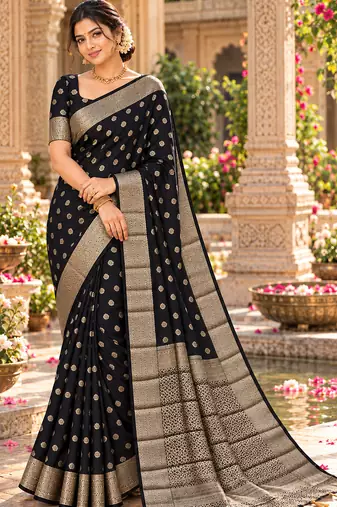 black woven design khadi silk blend saree with blouse