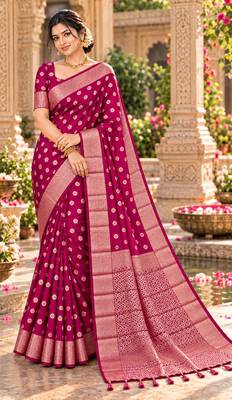 magenta woven design khadi silk blend saree with blouse 1