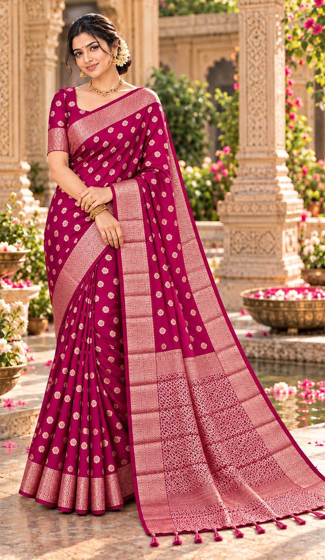 magenta woven design khadi silk blend saree with blouse