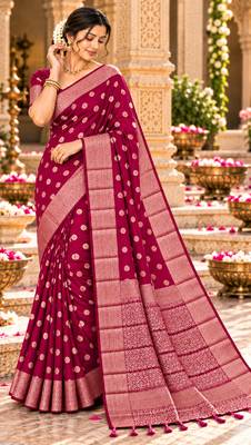 magenta woven design khadi silk blend saree with blouse 3