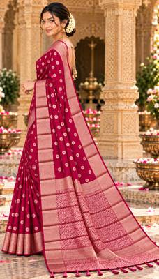 magenta woven design khadi silk blend saree with blouse 4