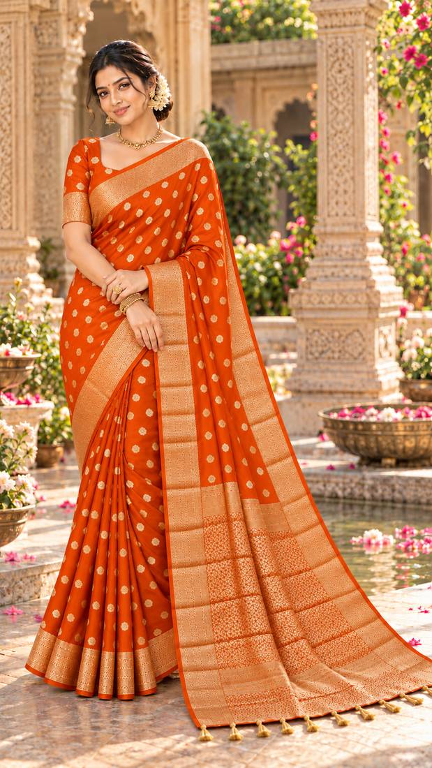 orange woven design khadi silk blend saree with blouse