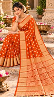 orange woven design khadi silk blend saree with blouse 2