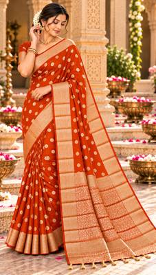 orange woven design khadi silk blend saree with blouse 3