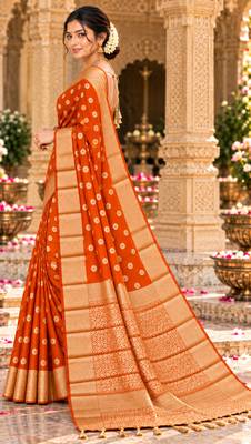 orange woven design khadi silk blend saree with blouse 4