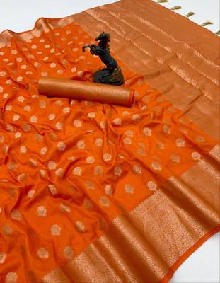 orange woven design khadi silk blend saree with blouse 5