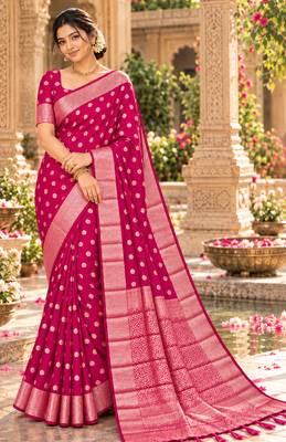 pink woven design khadi silk blend saree with blouse 1