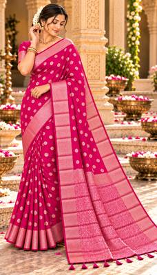 pink woven design khadi silk blend saree with blouse 3