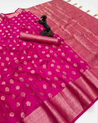 pink woven design khadi silk blend saree with blouse 5