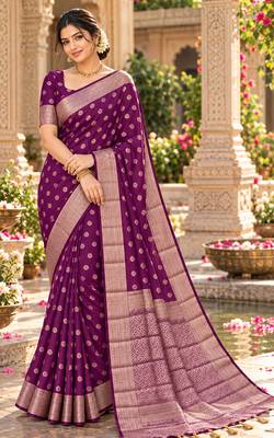 purple woven design khadi silk blend saree with blouse 1