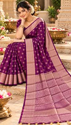 purple woven design khadi silk blend saree with blouse 2