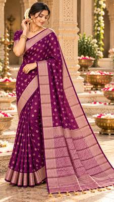 purple woven design khadi silk blend saree with blouse 3