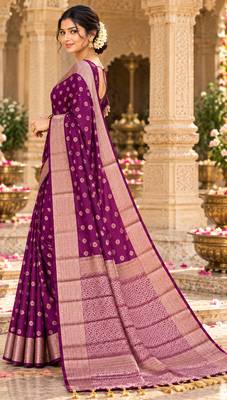 purple woven design khadi silk blend saree with blouse 4