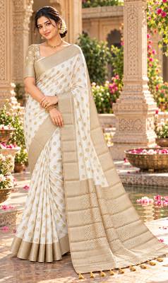 white woven design khadi silk blend saree with blouse 1