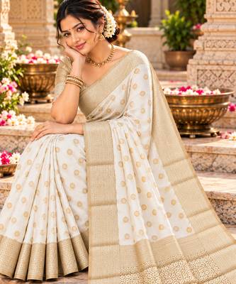white woven design khadi silk blend saree with blouse 2
