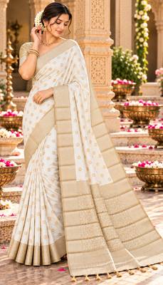 white woven design khadi silk blend saree with blouse 3