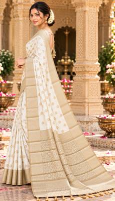 white woven design khadi silk blend saree with blouse 4