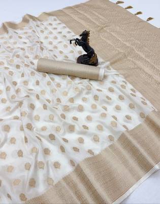 white woven design khadi silk blend saree with blouse 5