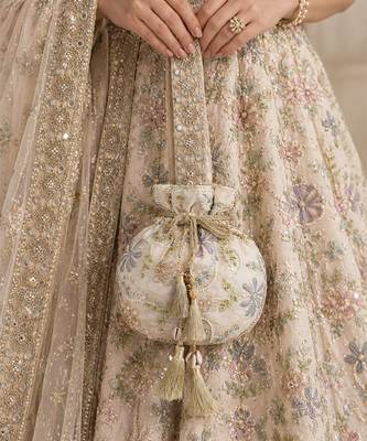 Nude beige silk potli bag 1