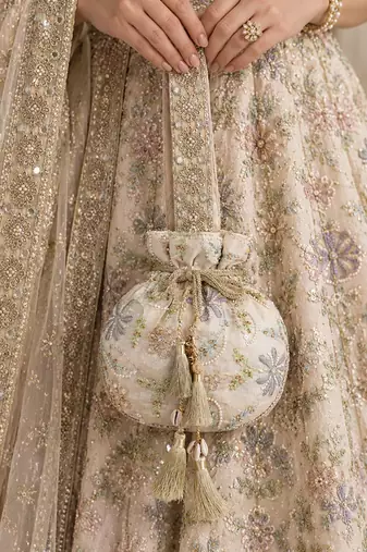 Nude beige silk potli bag