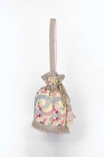 Beige multicolor silk potli bag