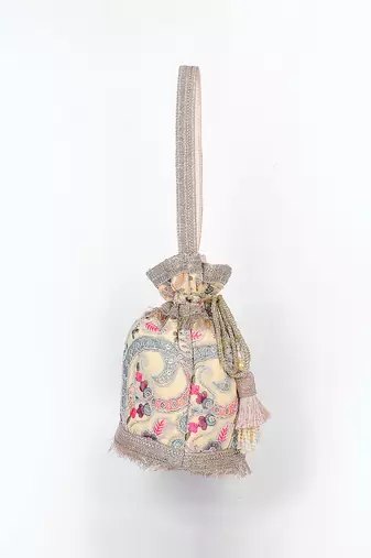 Beige multicolor silk potli bag