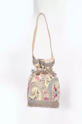 Beige multicolor silk potli bag