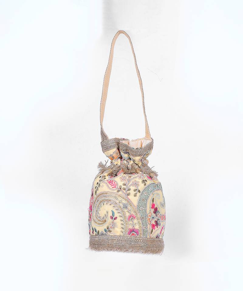 Beige multicolor silk potli bag