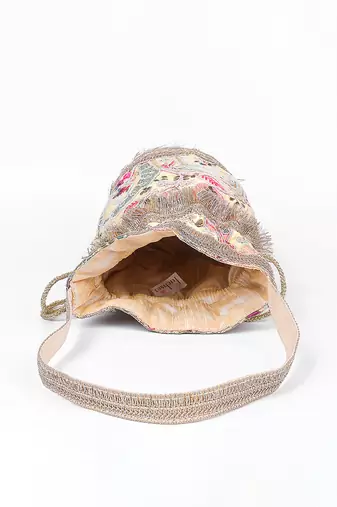 Beige multicolor silk potli bag