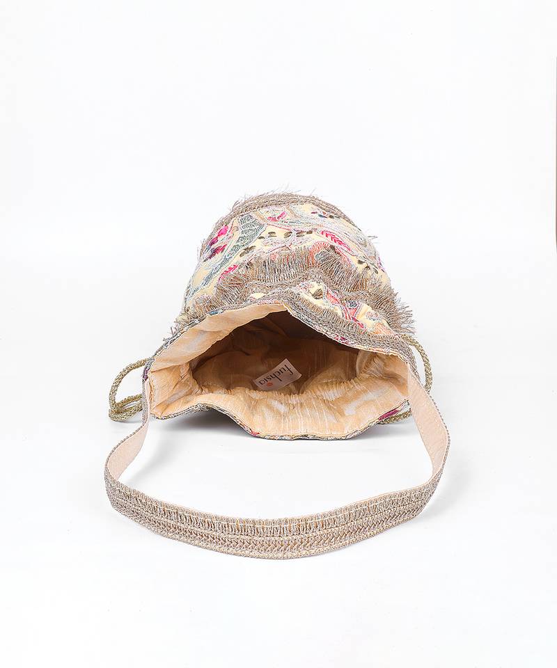 Beige multicolor silk potli bag