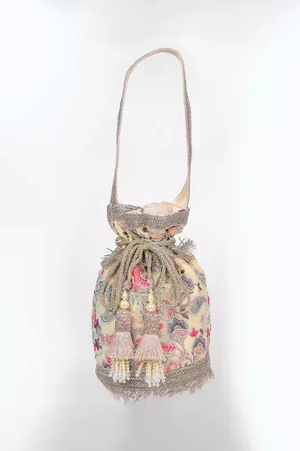 Beige multicolor silk potli bag