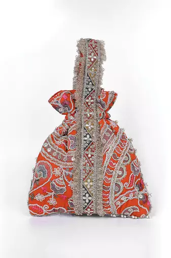 Orange gold silk potli bag