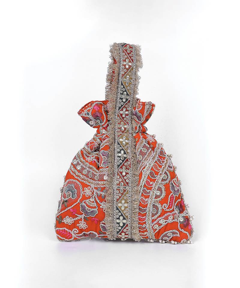 Orange gold silk potli bag