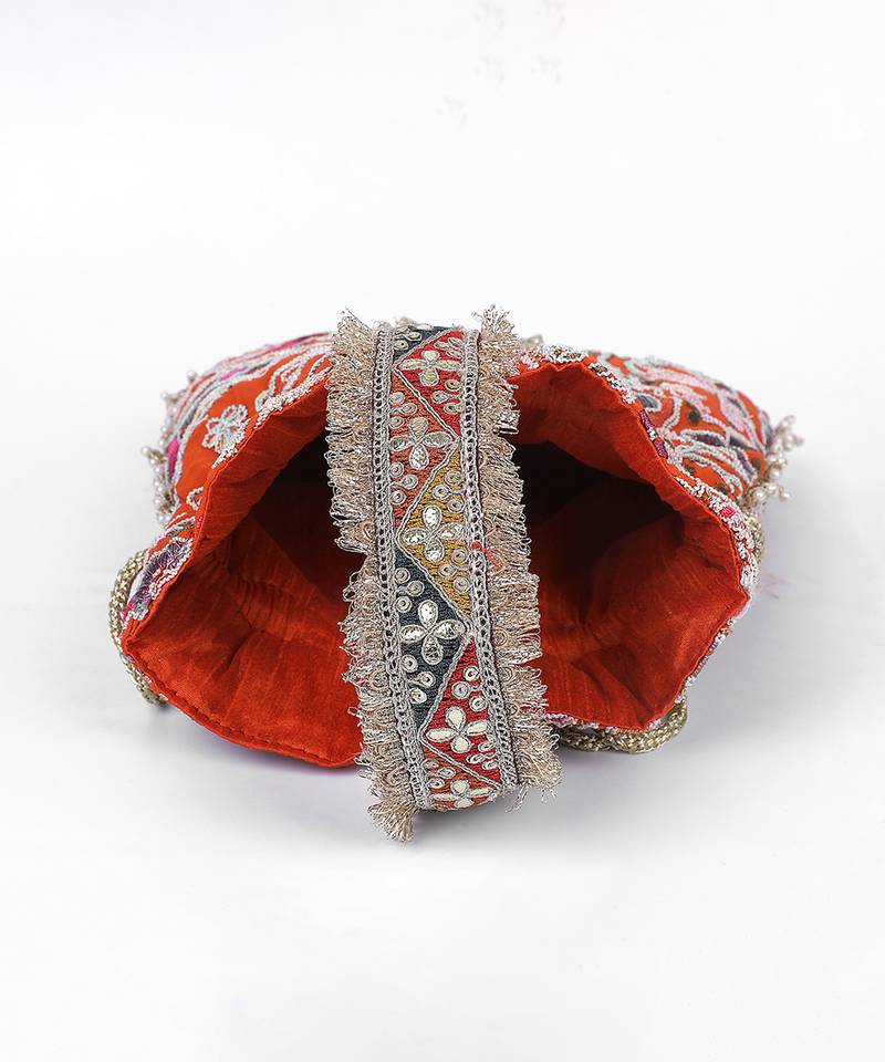 Orange gold silk potli bag