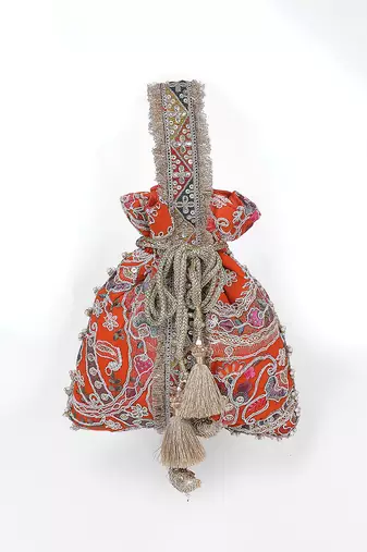 Orange gold silk potli bag