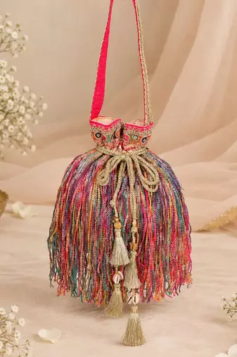 Multicolor gold silk potli bag