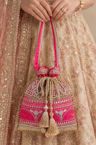 Pink gold silk potli bag