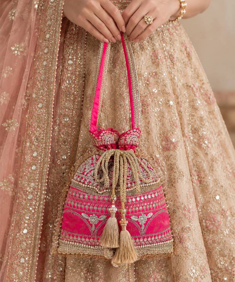 Pink gold silk potli bag
