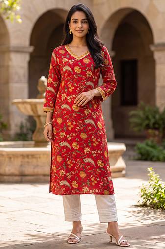 Women's red cotton floral printed kurta | elegant ethnic wear kurti | trendy casual & festive wear for women