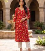 Women's red cotton floral printed kurta | elegant ethnic wear kurti | trendy casual & festive wear for women