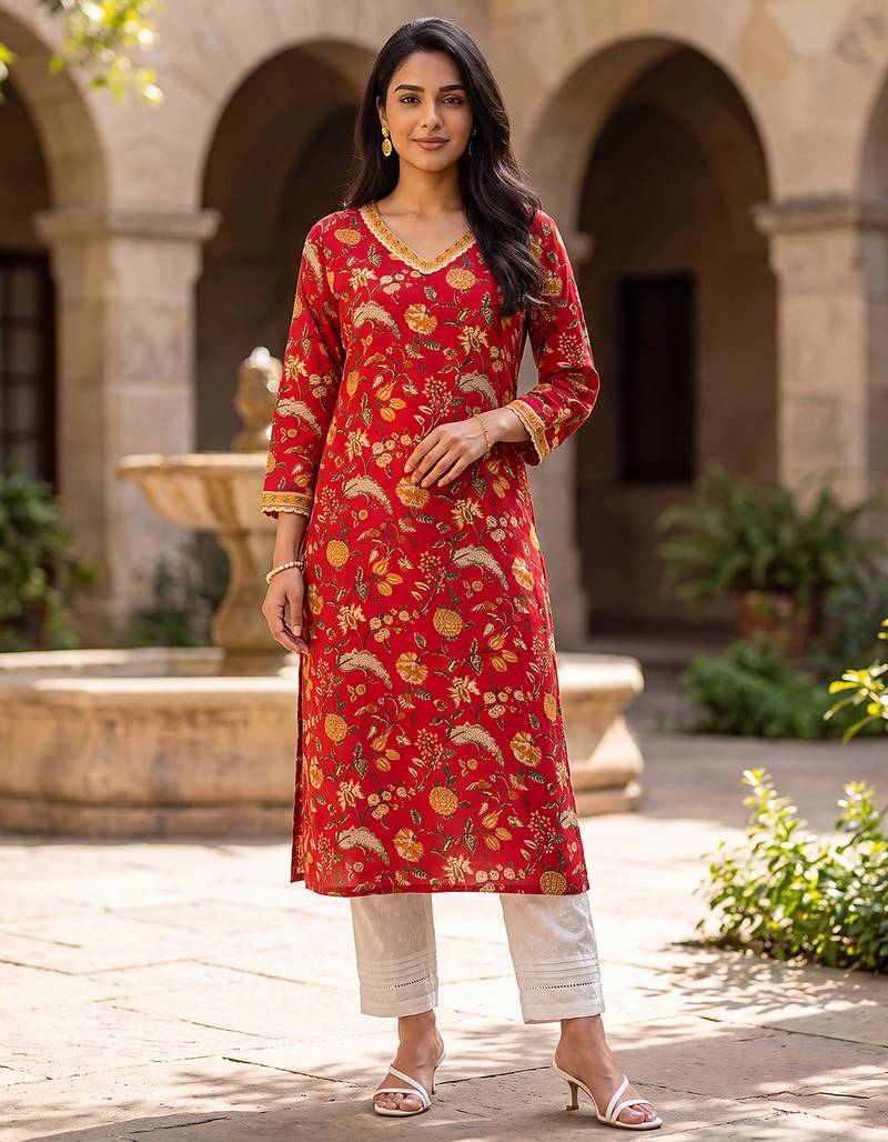 Women's red cotton floral printed kurta | elegant ethnic wear kurti | trendy casual & festive wear for women