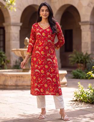 Women's red cotton floral printed kurta | elegant ethnic wear kurti | trendy casual & festive wear for women 2