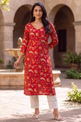 Women's red cotton floral printed kurta | elegant ethnic wear kurti | trendy casual & festive wear for women