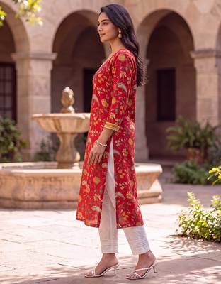 Women's red cotton floral printed kurta | elegant ethnic wear kurti | trendy casual & festive wear for women 4