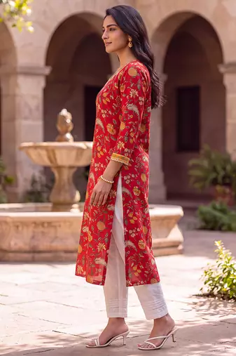 Women's red cotton floral printed kurta | elegant ethnic wear kurti | trendy casual & festive wear for women